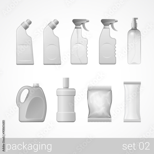 Сleanser, detergent, spray, shampoo and soap plastic package set