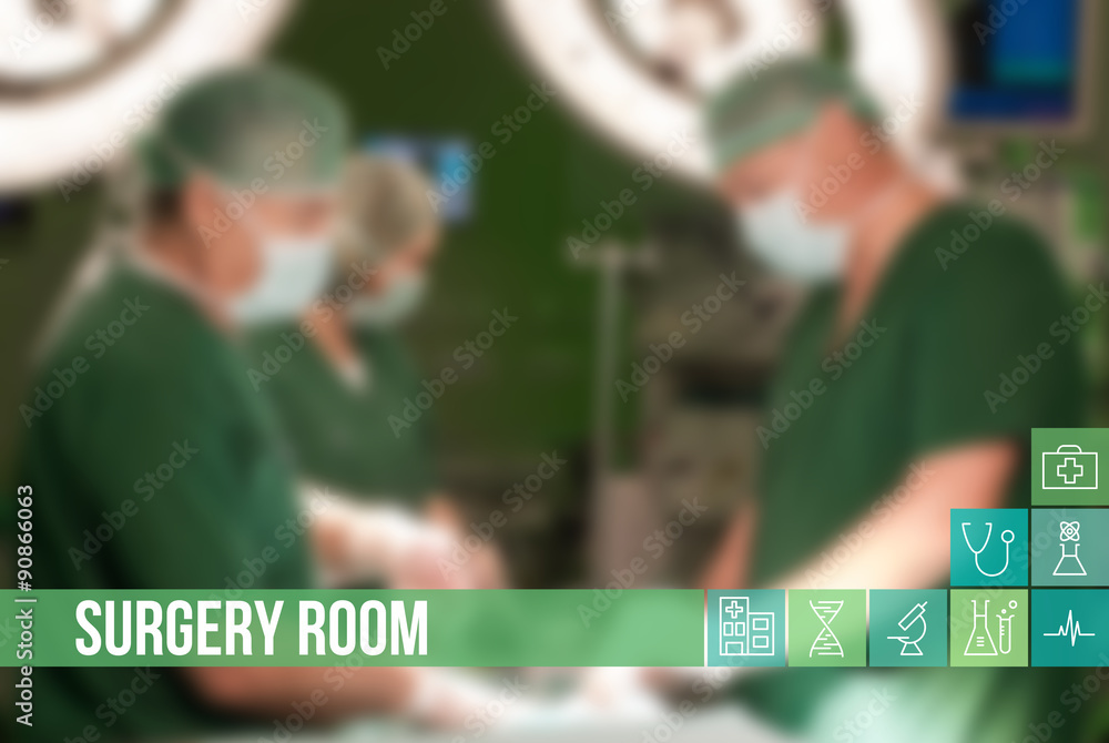 Surgery room medical concept image with icons and doctors on background Surgery room medical concept image with icons and doctors on background