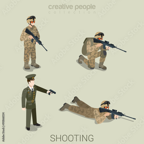 Military aiming people in uniform flat style isometric icon set