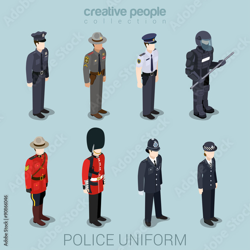 Police people in uniform flat style isometric icon set