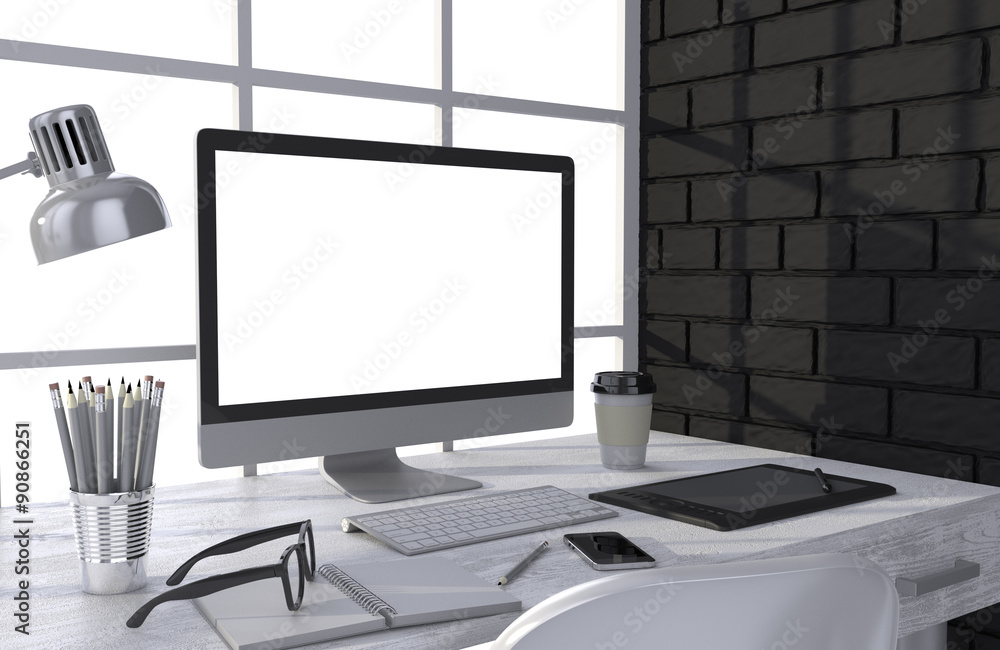 Fototapeta premium 3D illustration PC screen on table in office, Workspace