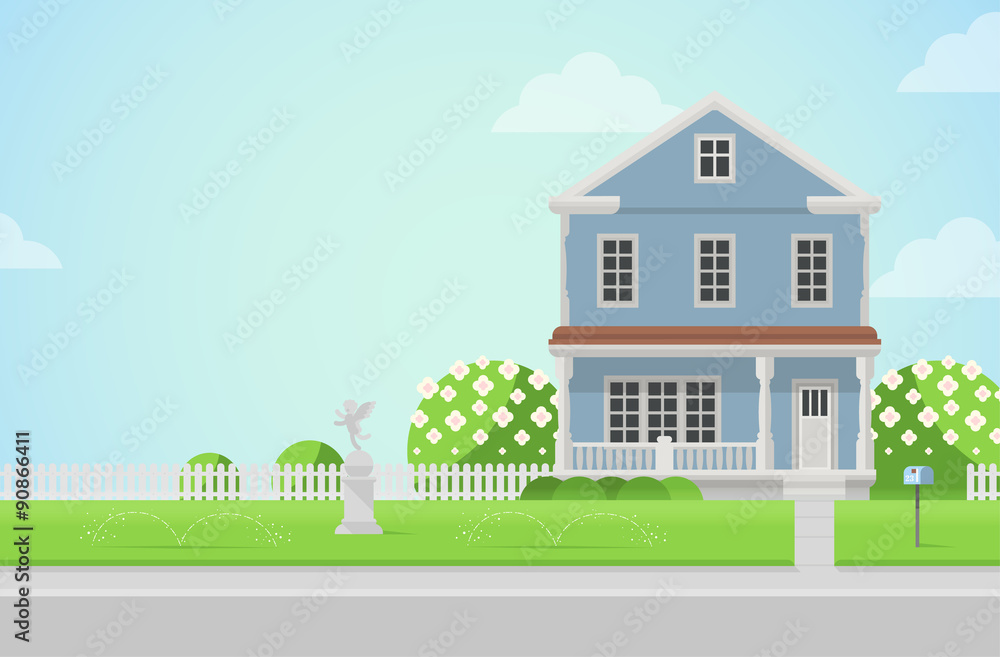 Countryside house on lawn in vector flat style