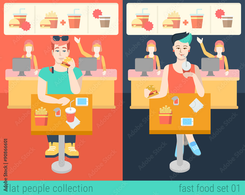 Hipster people eat in fastfood restaurant in vector food concept