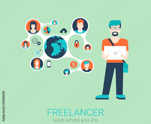 Vector flat man with laptop in freelance work concept