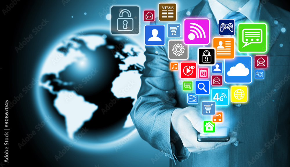 Business man using smart phone with social media icon set Business man using smart phone with social media icon set