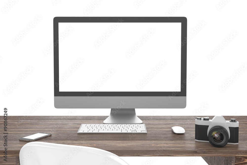 Fototapeta premium 3D illustration PC screen on table in office, Workspace