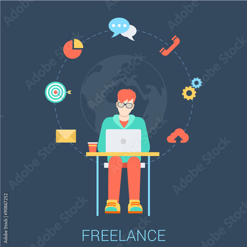 Freelancer with laptop - freelance work flat vector infographic