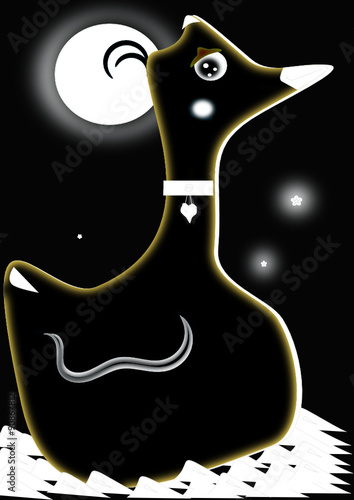Pato negro sobre el agua en una noche de luna llena 