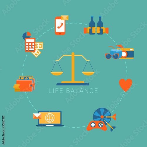 Life balance lifestyle vector flat infografic: weights, icon