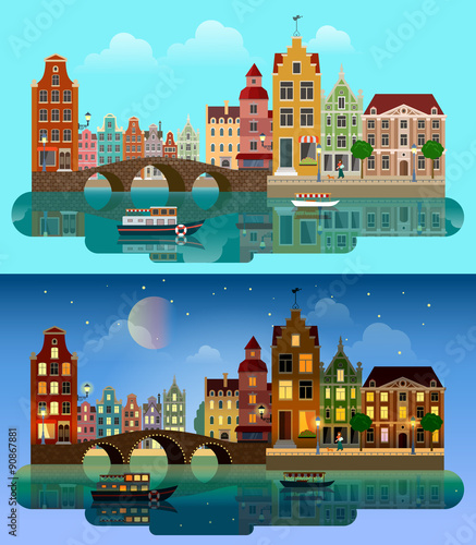 European city flat vector: river canal, bridge, buildings street