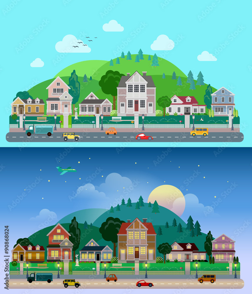 Vector flat countryside village buildings: day, night, houses