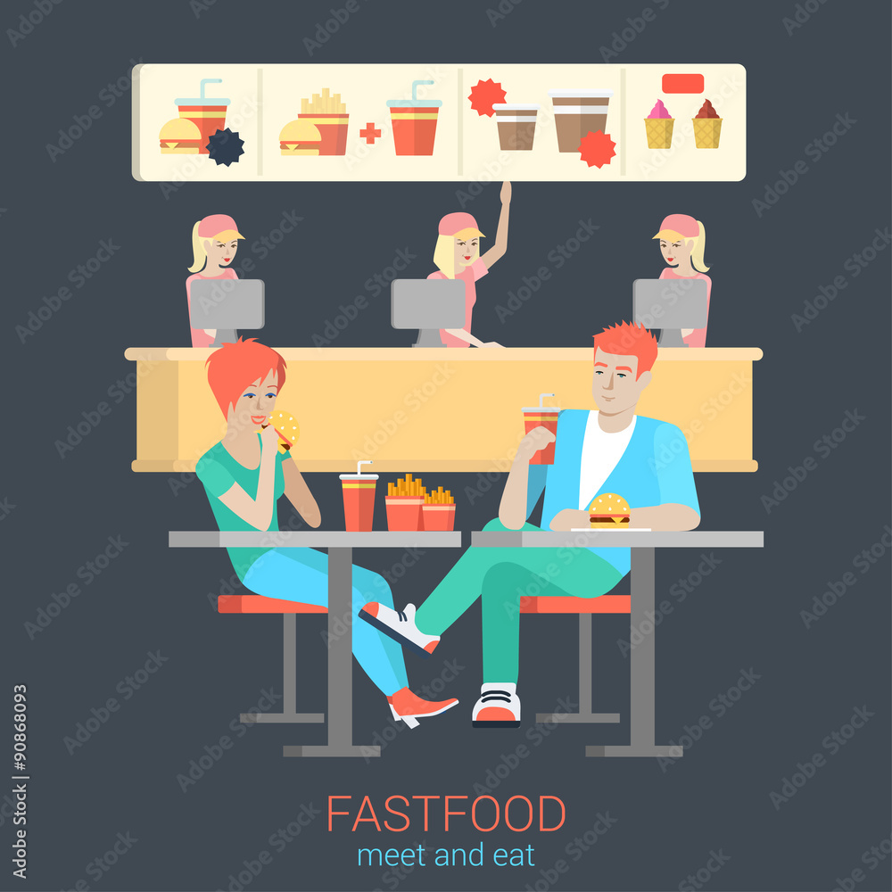 Couple friends in fastfood eating burger fries: flat vector food
