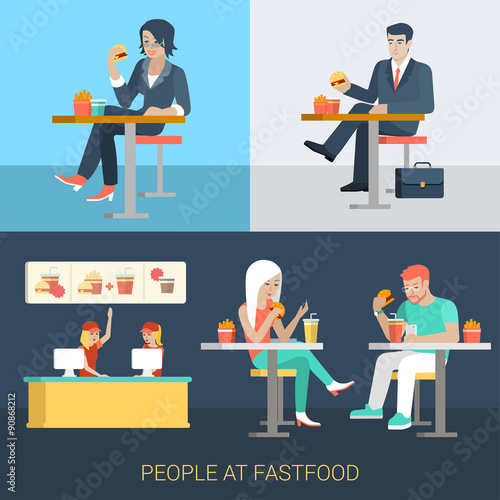 Flat vector businessman people eat in fastfood cafe
