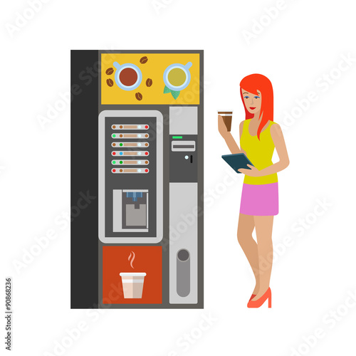 Woman and coffee automatic machine in vector flat coffee break