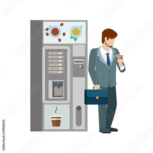 Manager and coffee automatic machine in vector flat coffee break