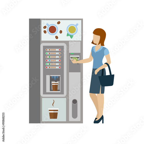 Woman and coffee automatic machine in vector flat coffee break