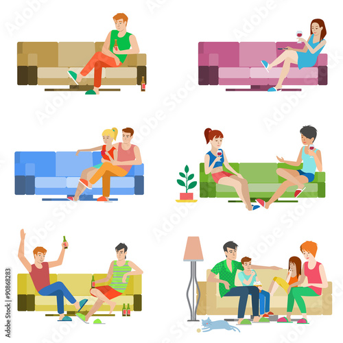 Vector flat people couple friends family sitting on sofa relax