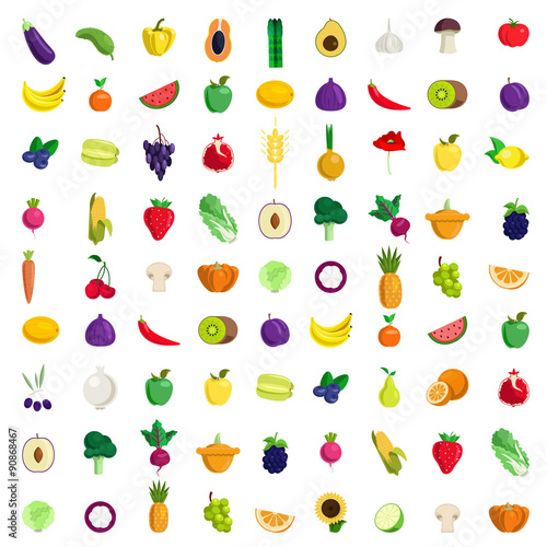 Fruit vegetable berry mushroom plants vector flat food icon