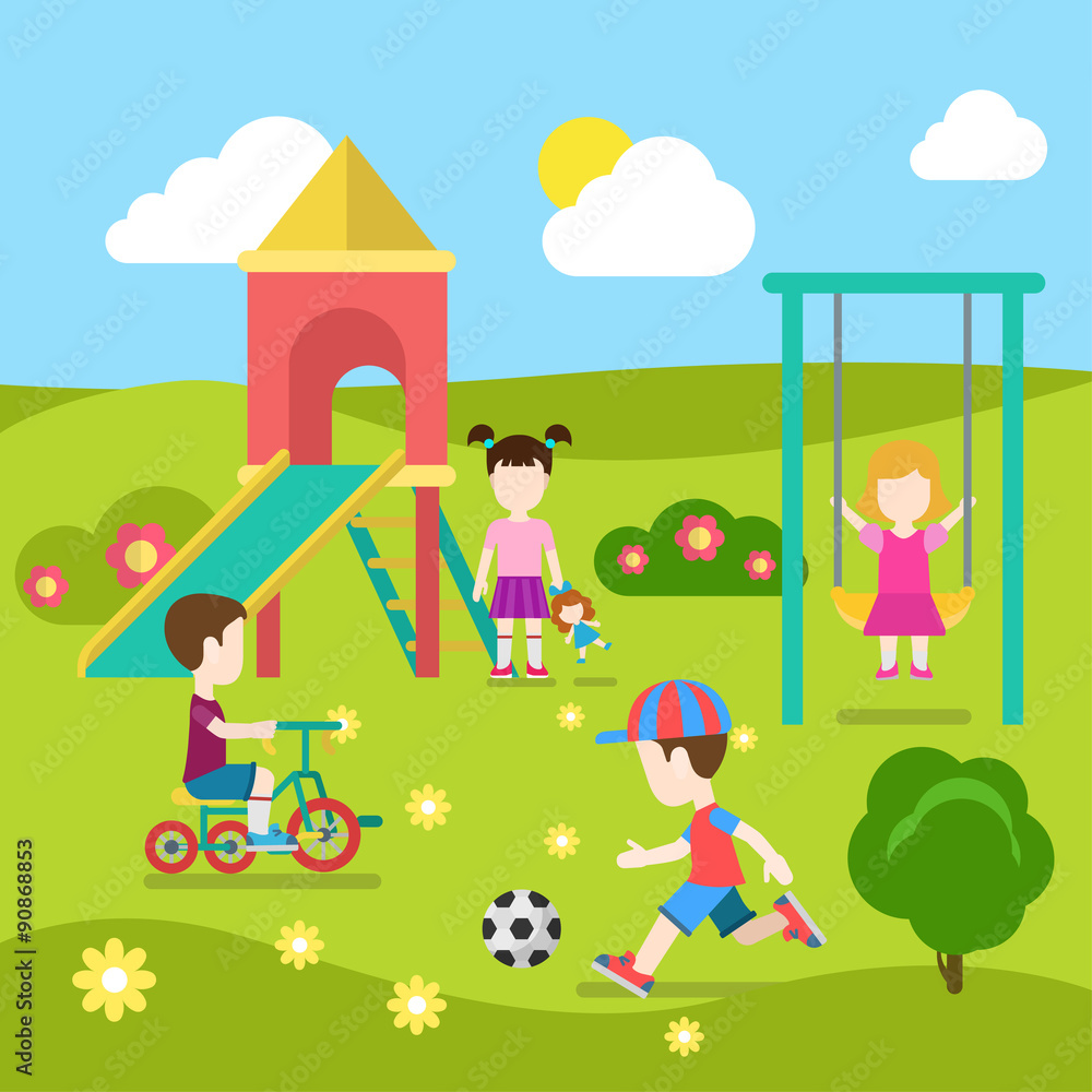 Children play at playground in childhood vector flat collection