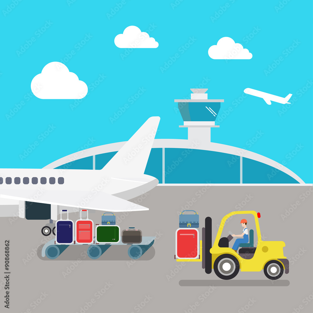 Flat vector airport: plane, luggage, loading, baggage