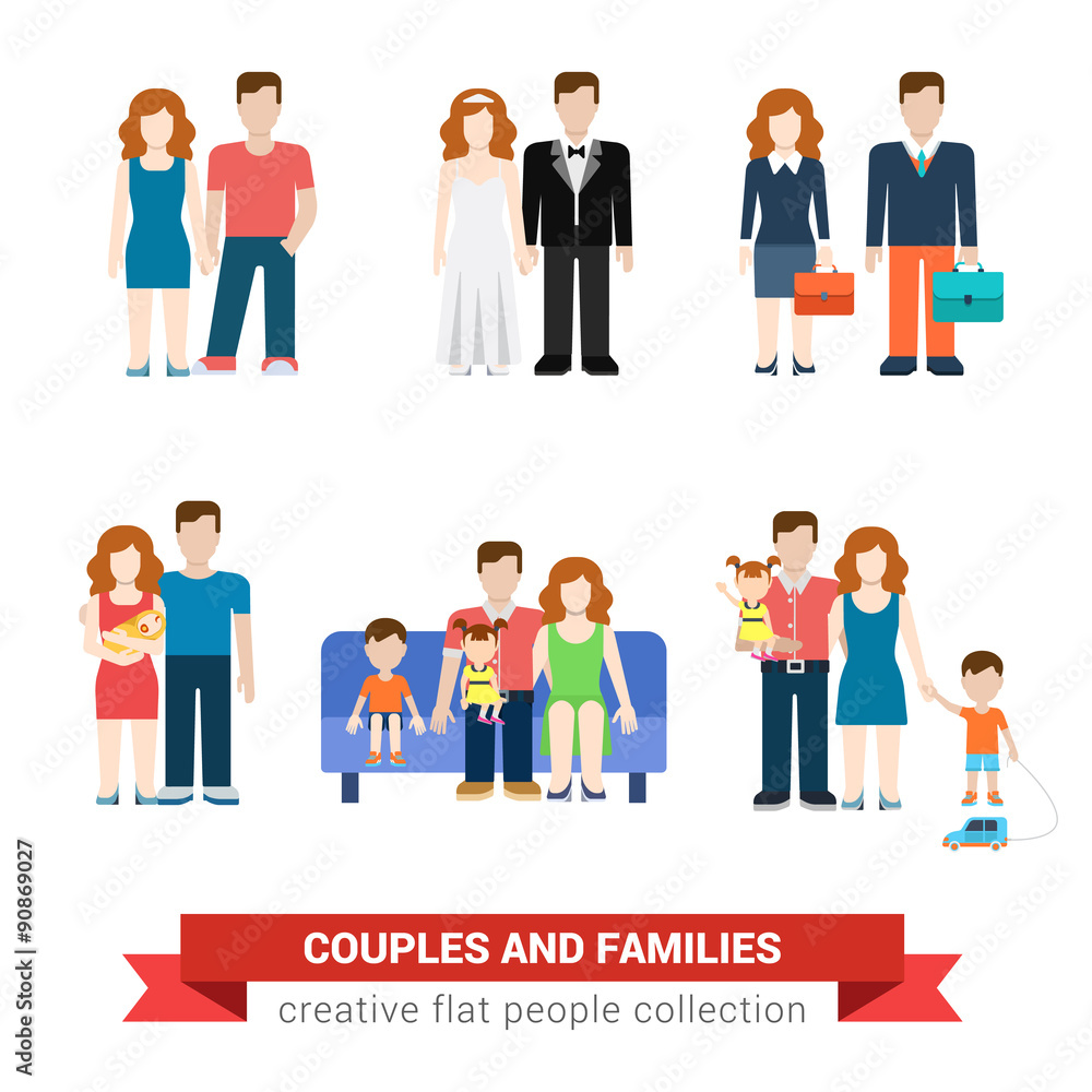 Family couple flat vector people icons: parents, wife husband