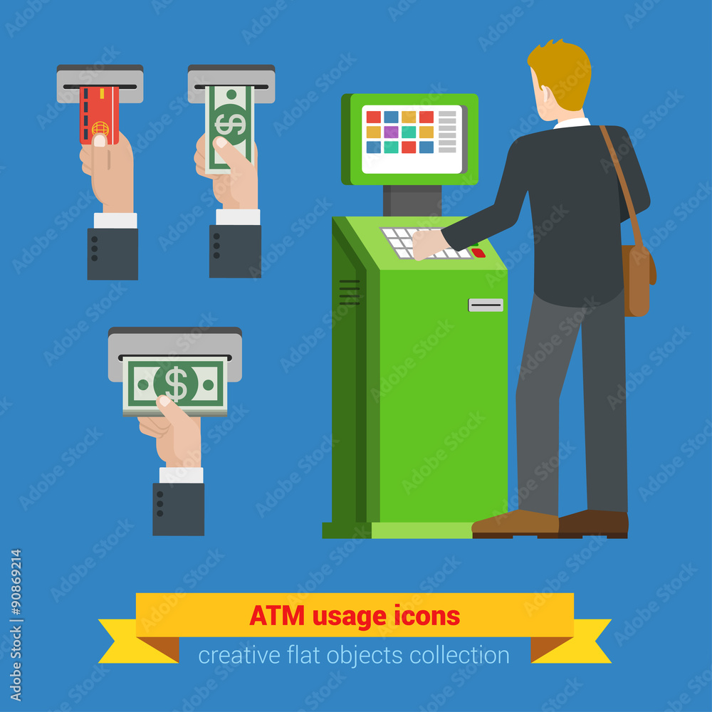 Waiting lines for ATM and payment terminal: flat vector banking Waiting lines for ATM and payment terminal: flat vector banking