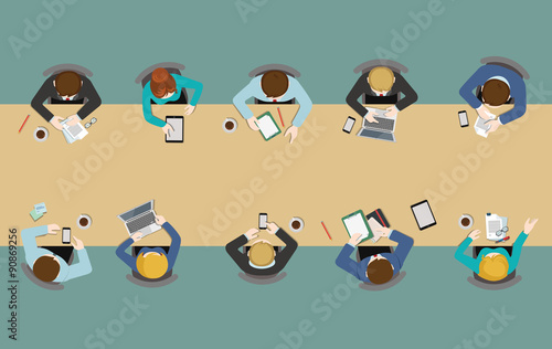 Flat office table top view: meetings, report, brainstorm, staff photo