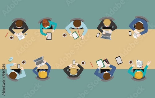 Flat office table top view: meetings, report, brainstorm, staff