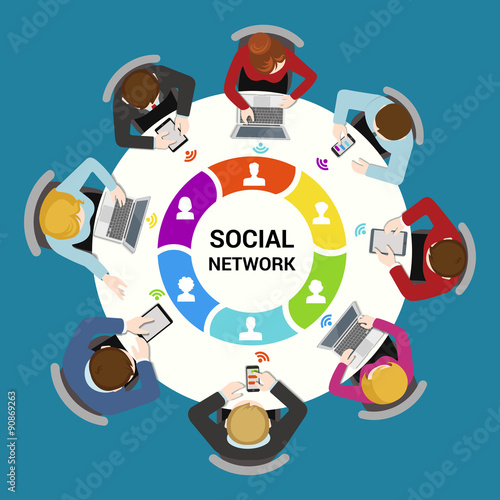 Social network usage flat vector concept: staff around table