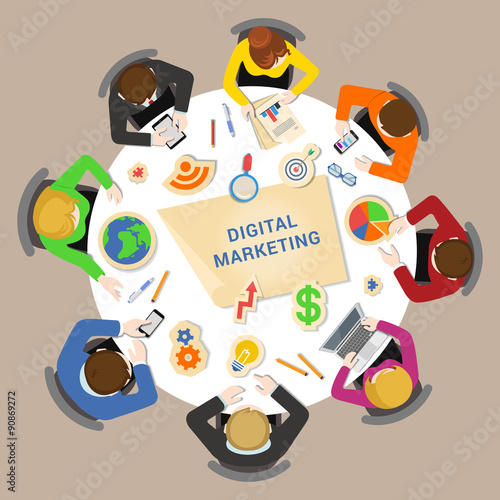 Digital marketing brainstorm flat vector: staff around table
