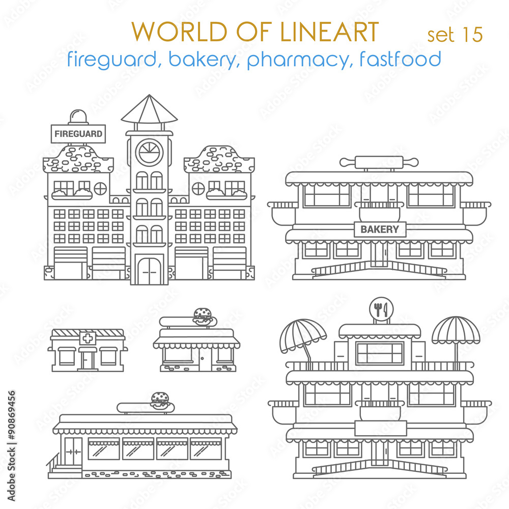 Lineart vector city building exterior: bakery, shop, restaurant