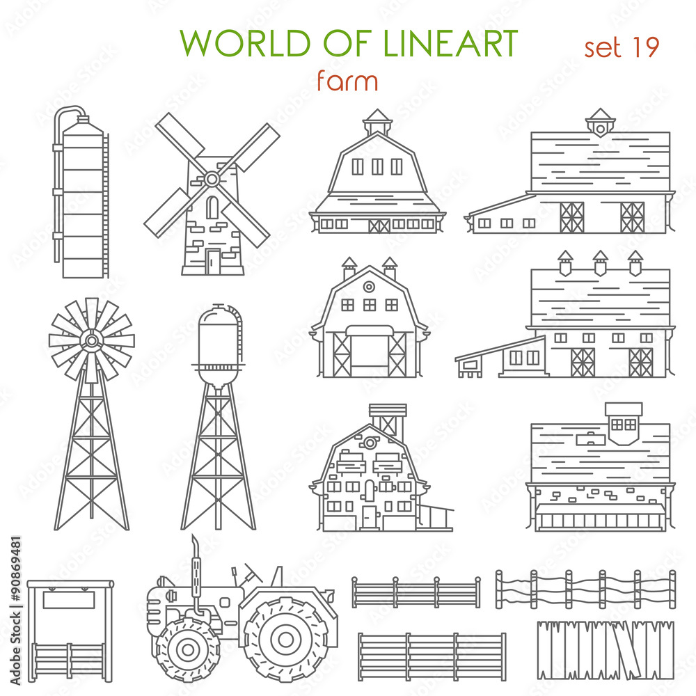 Lineart architecture farm agriculture building and objects