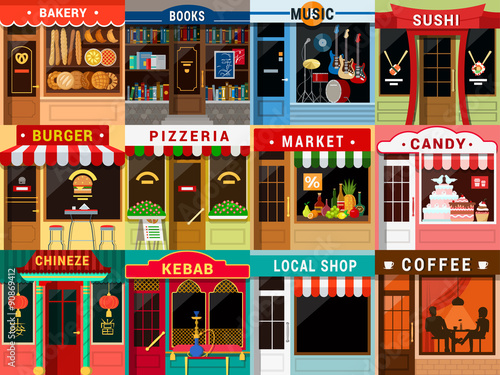 Flat restaurant cafe shop exterior: kebab coffee bakery pizzeria