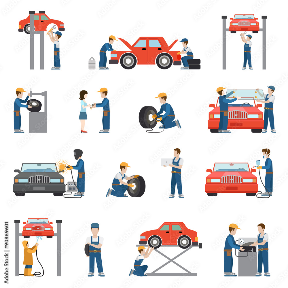 Flat vector car repair service: tire fitting worker mechanics Flat vector car repair service: tire fitting worker mechanics