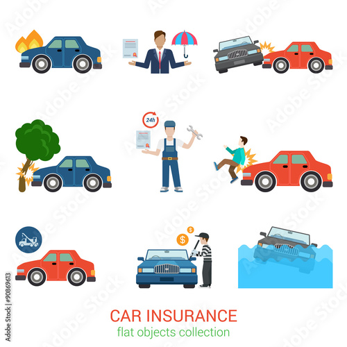 Car insurance flat vector icon pack: accident, service, loss