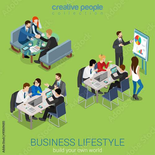 Flat 3d isometric vector business office life: teamwork meeting