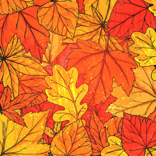 Autumn background with hand drawn golden leaves. Vector fall