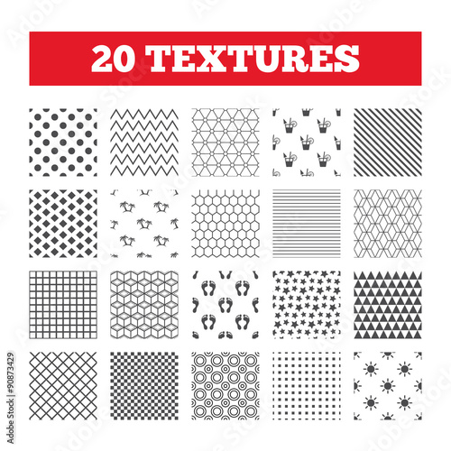 Beach holidays icons. Cocktail, human footprints