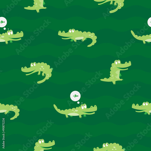 Vector seamless pattern with cute cartoon crocodiles on a green background.