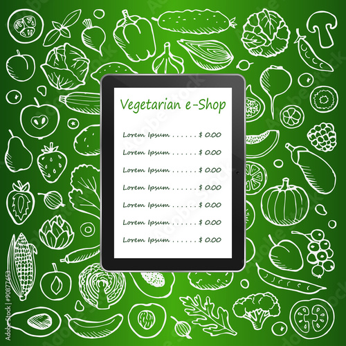 Vegetarian e-shop menu on tablet computer with  hand drawn doodle elements