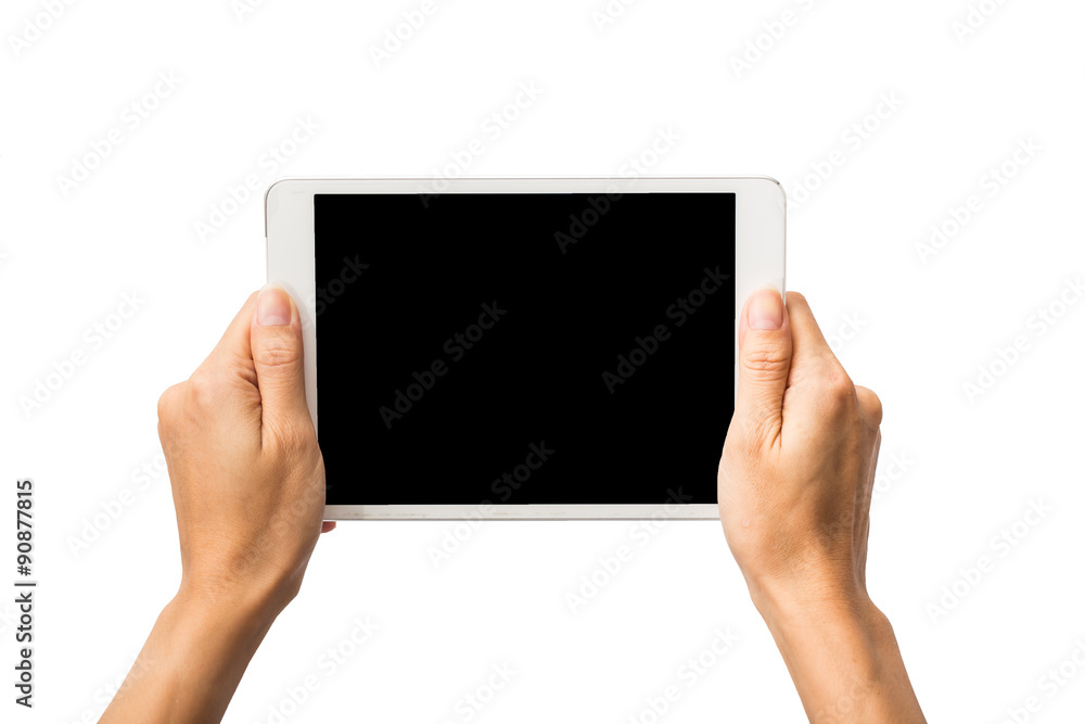 Female hand do action of holding Tablet PC on white background. Female hand do action of holding Tablet PC on white background.