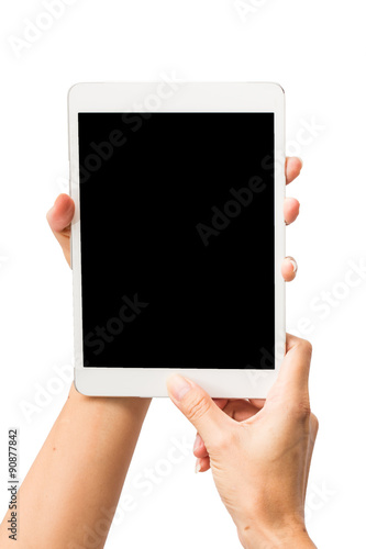 Hand hold tablet PC isolated on white background.