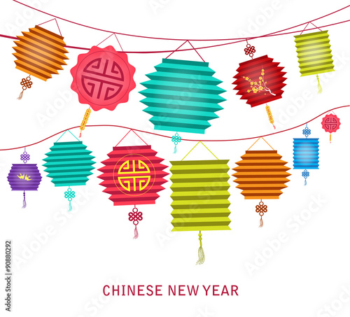 Chinese new year. string of bright hanging lantern decorations on white