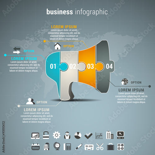 Business infographic with megaphone made of puzzle.