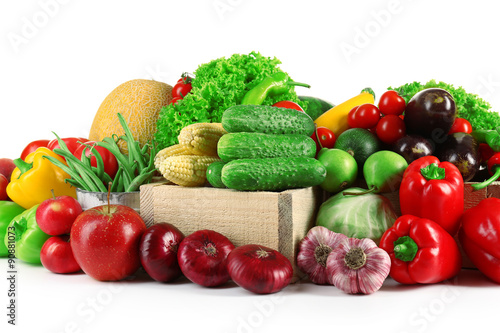 Composition with fresh fruits and vegetables isolated on white