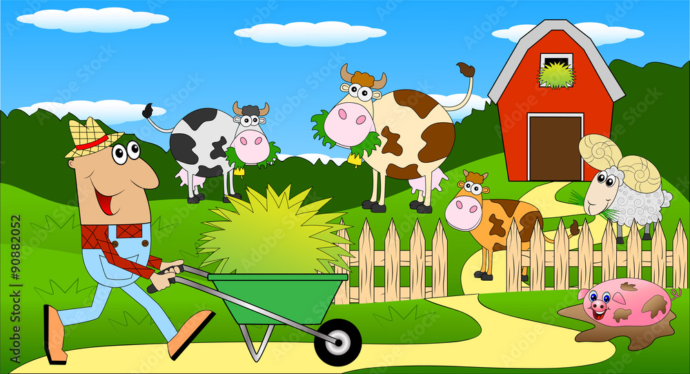 the farmer and the animals grazing on the green lawn the farmer and the animals grazing on the green lawn
