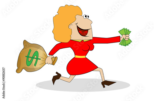 Cheerful woman flees with the money in hands