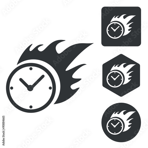 Burning clock icon set, monochrome