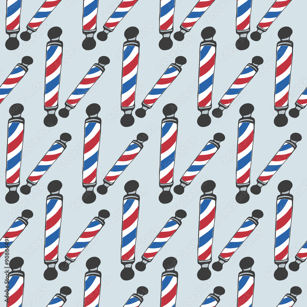 Barber pole. Seamless pattern with doodle barber poles. Hand