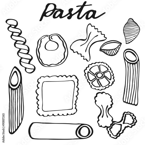 Pasta set. Hand-drawn cartoon kinds of pasta. Doodle drawing. 